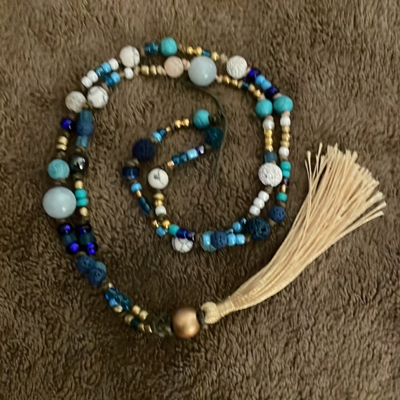 Handmade Artisan Short Boho Tassel Necklace w New & Upcycled Beads Blue & Gold - Picture 1 of 3